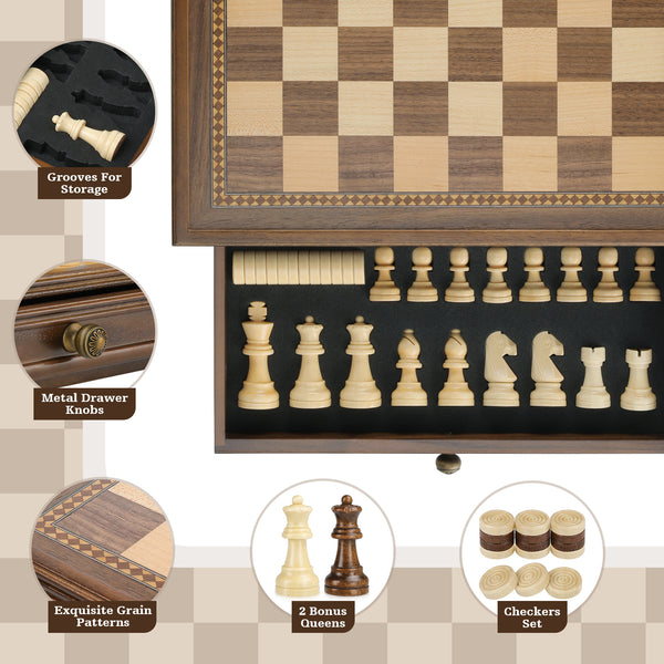 Peradix Magnetic Chess Checkers Board Sets with 2 Built-in Storage Dra